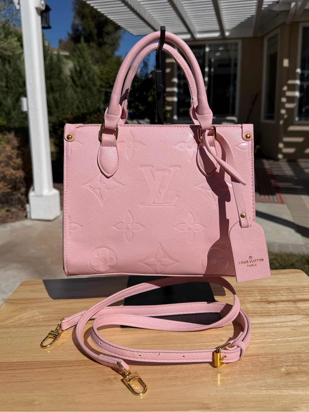 NEW LV Print Baby Pink Embossed Monogram OnTheGo Satchel Top Handle Bag Handbag